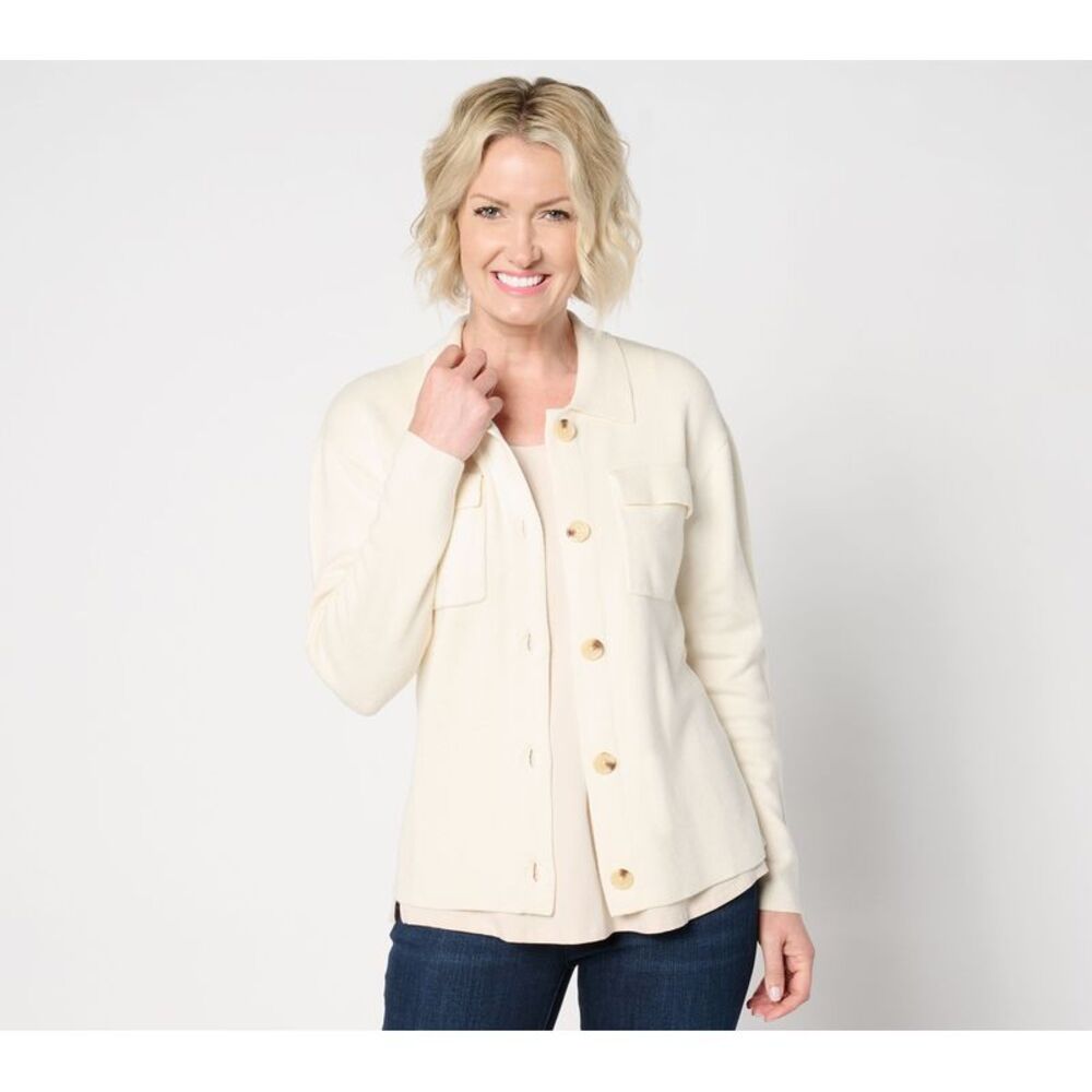 Isaac Mizrahi Live! Women's Plus Sz Jacket 3X Button Front Sweater White A655439